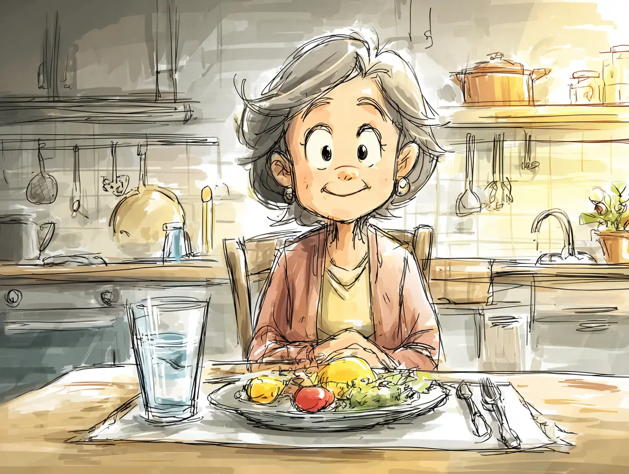 Cartoon graphic of a 50-something woman eating at her dining table with her kitchen in the background.