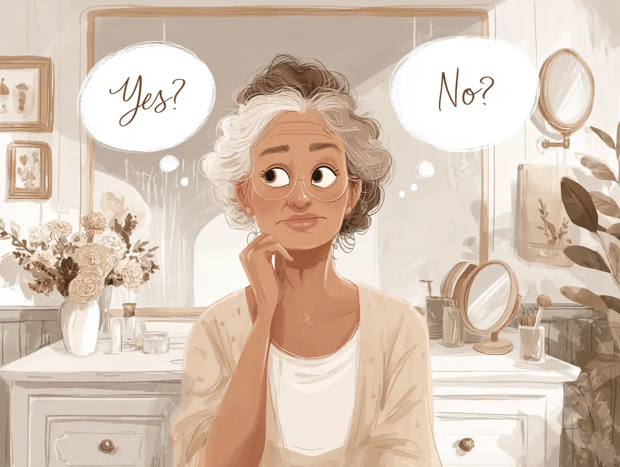 Cartoon image of a 50-something woman contemplating yes or no with thought bubbles in the air, one yes, one no.