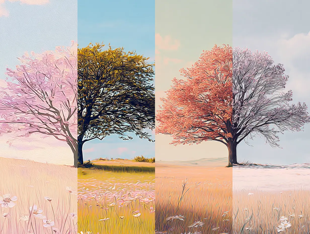 Cartoon graphic of 2 trees divided between 4 seasons. The first is pink for spring, next is green for summer, next is orange for autumn, last is white for winter