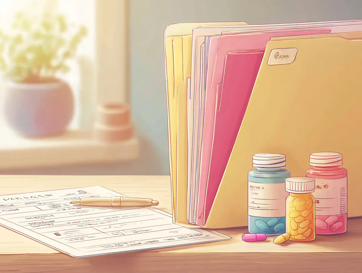 Cartoon graphic in pastel shades of a counter top with file folders, medication bottles, and a form with a pen. There is a window with plants in the background.