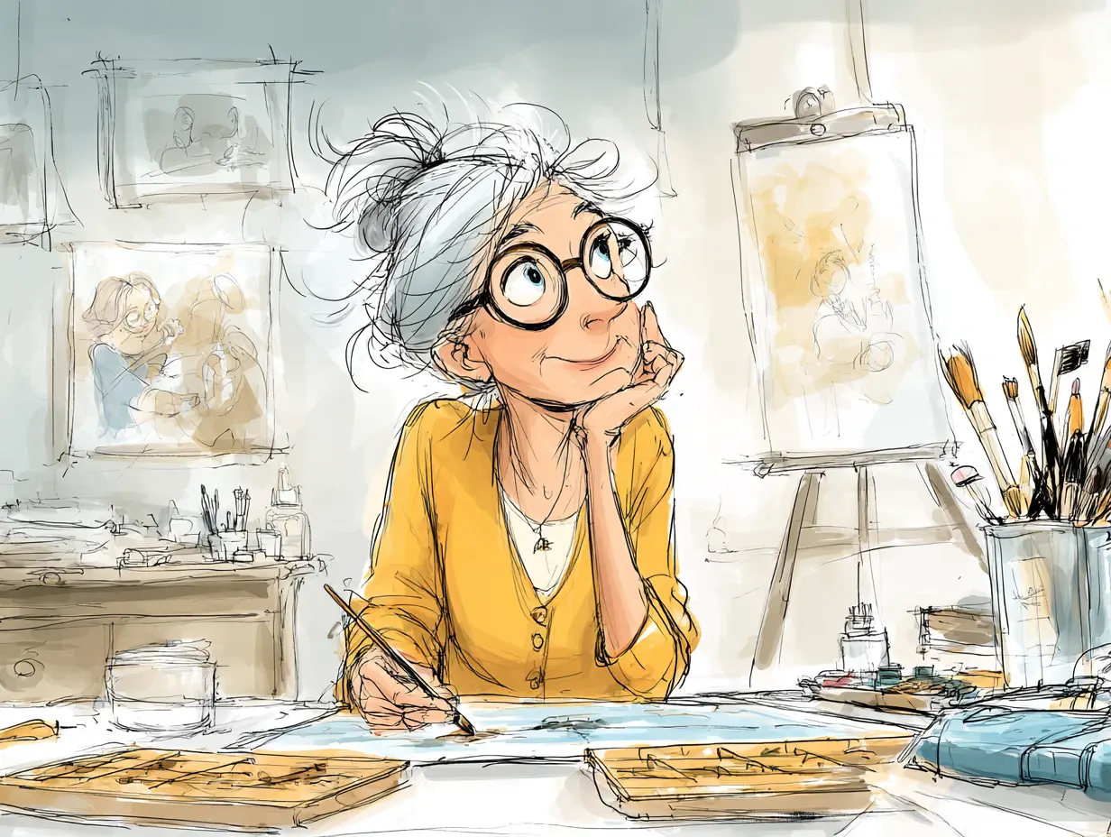 Cartoon graphic of a midlife woman sitting at her creative space chin on her hand looking up as if searching for creative inspiration, her art supplies in the background.
