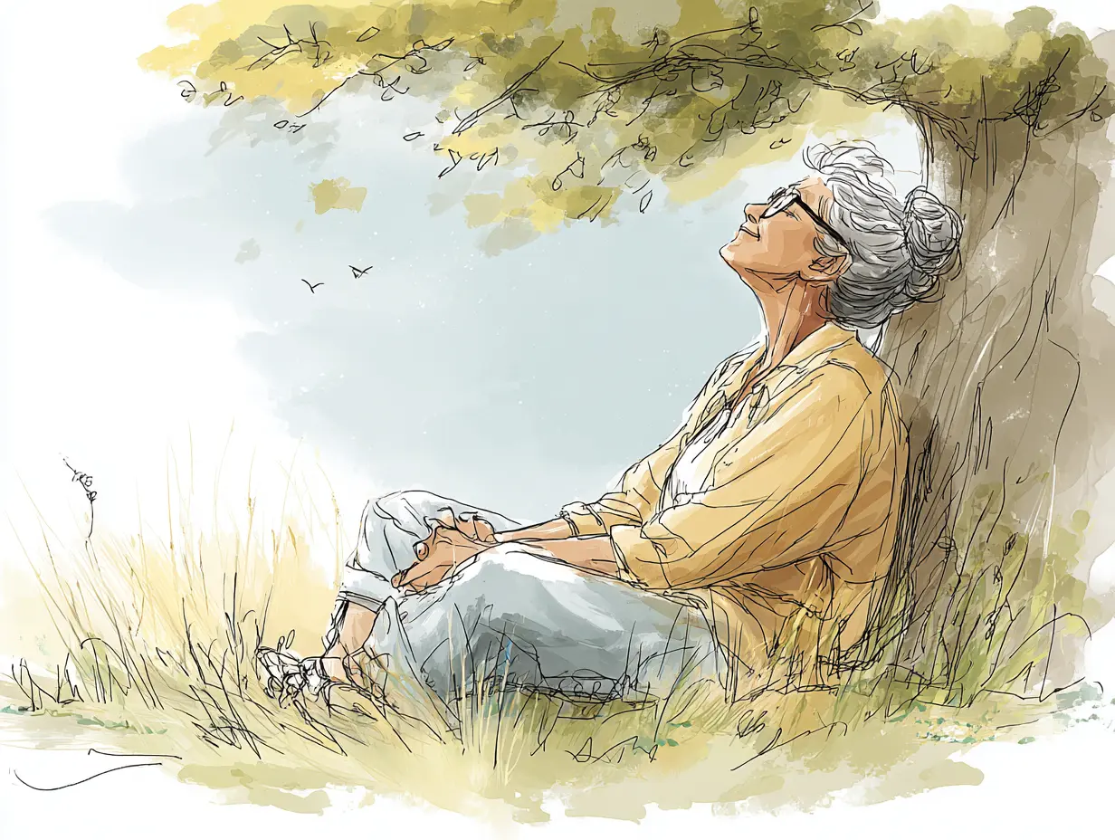 50-something woman sitting cross-legged under a tree with her eyes closed in a relaxed position