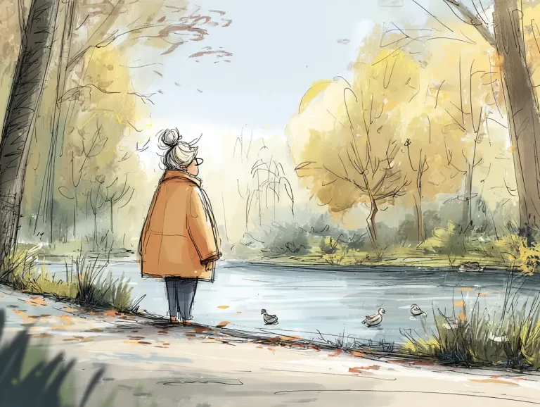 Cartoon graphic of a midlife woman on an autumn ritual nature walk. She is standing at the edge of a river with ducks in the water and fallen leaves on the path. Trees in the background.