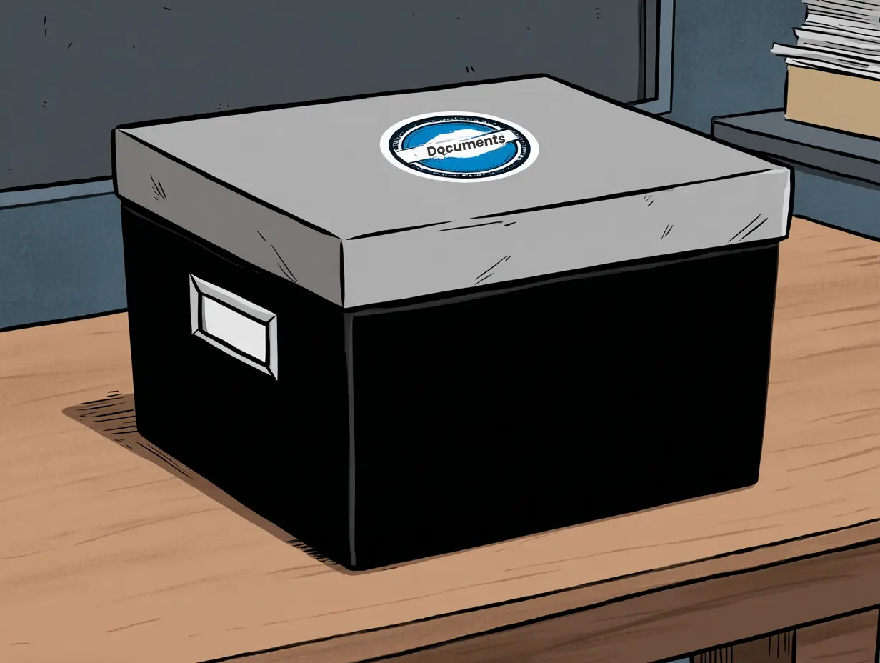 Desktop with black and gray file box with a blue and white label on the top that says Documents.