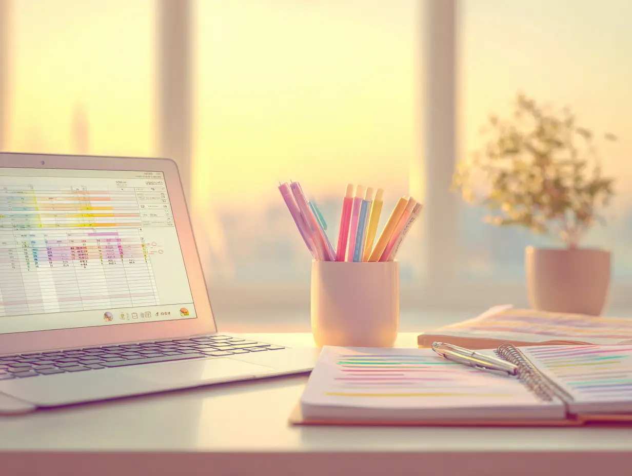 Desktop with laptop, cup of writing utensils, notebook, and plant in pastel shades to reflect managing your digital legacy