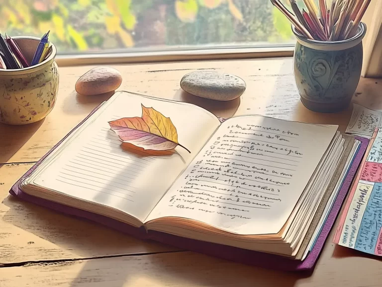 Cartoon graphic of an idea journal on a desk with a leaf and rocks, next to pretty containers that hold a variety of writing tools.