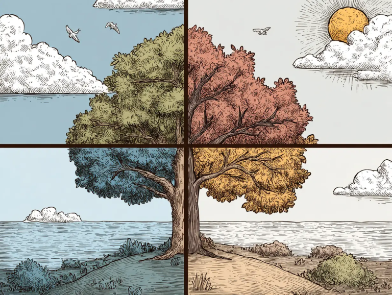 A cartoon image of a large tree divided into 4 quadrants, each representing a season of the year.