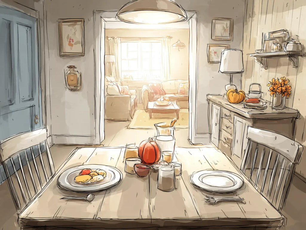 A cozy, warmly lit dining room set for a meal, with a plate of food, candles, and a pumpkin centerpiece symbolizing seasonal offerings. In the background, a softly sunlit living room suggests a peaceful space for honoring ancestors during Samhain.
