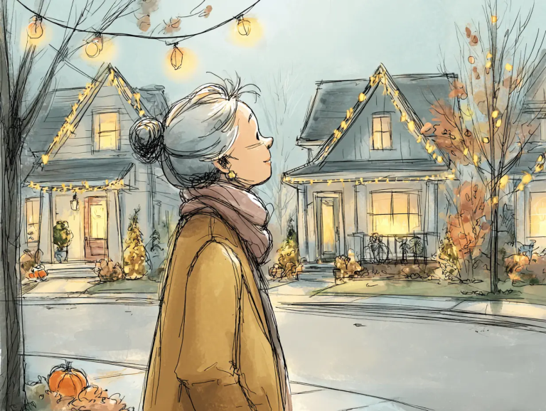 Cartoon graphic of a midlife woman walking in her neighborhood looking at holiday lights creating new holiday traditions for herself.