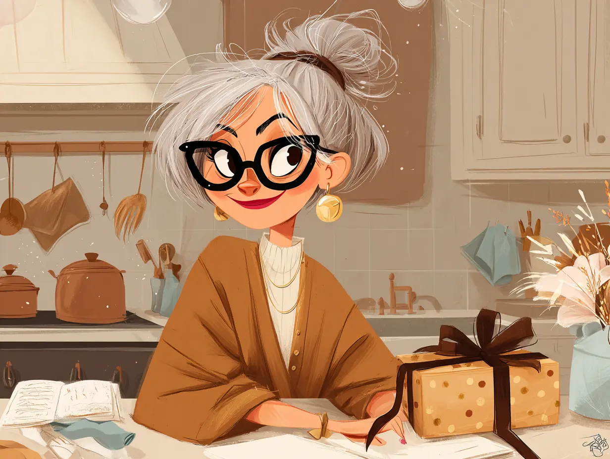Cartoon image of a midlife woman in her cozy kitchen wrapping creative gifts from the heart.