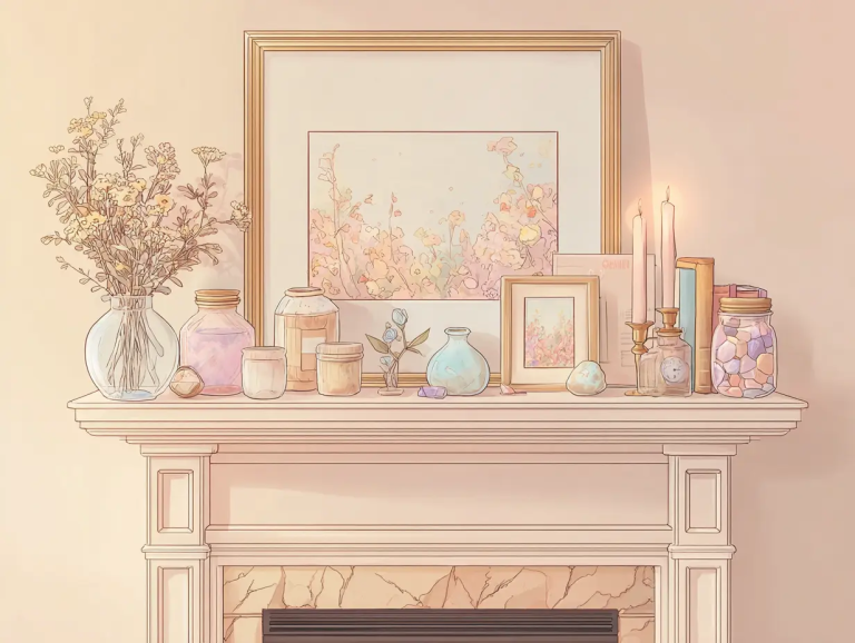 Mantle display of collected items in muted tones of pink and yellow