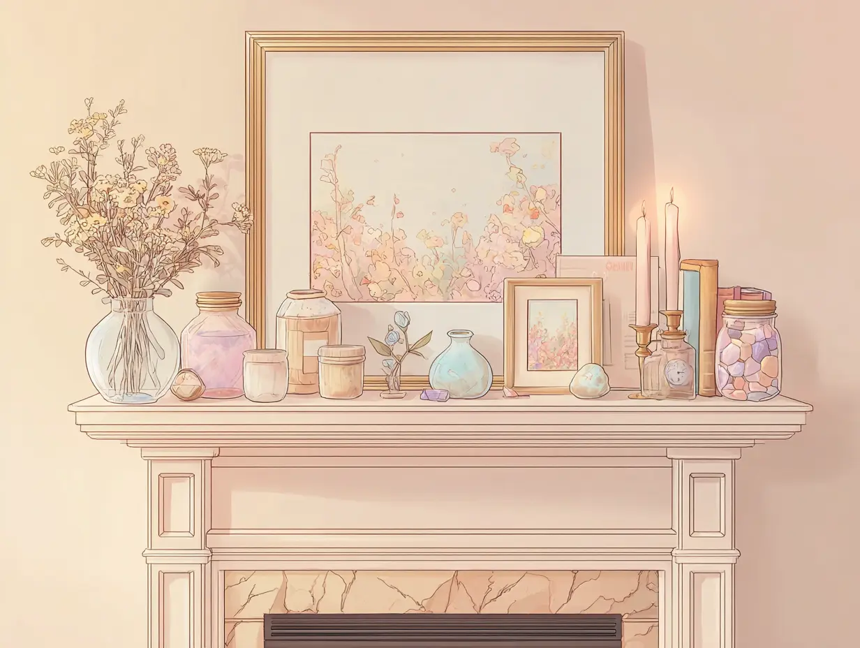 Mantle display of collected items in muted tones of pink and yellow