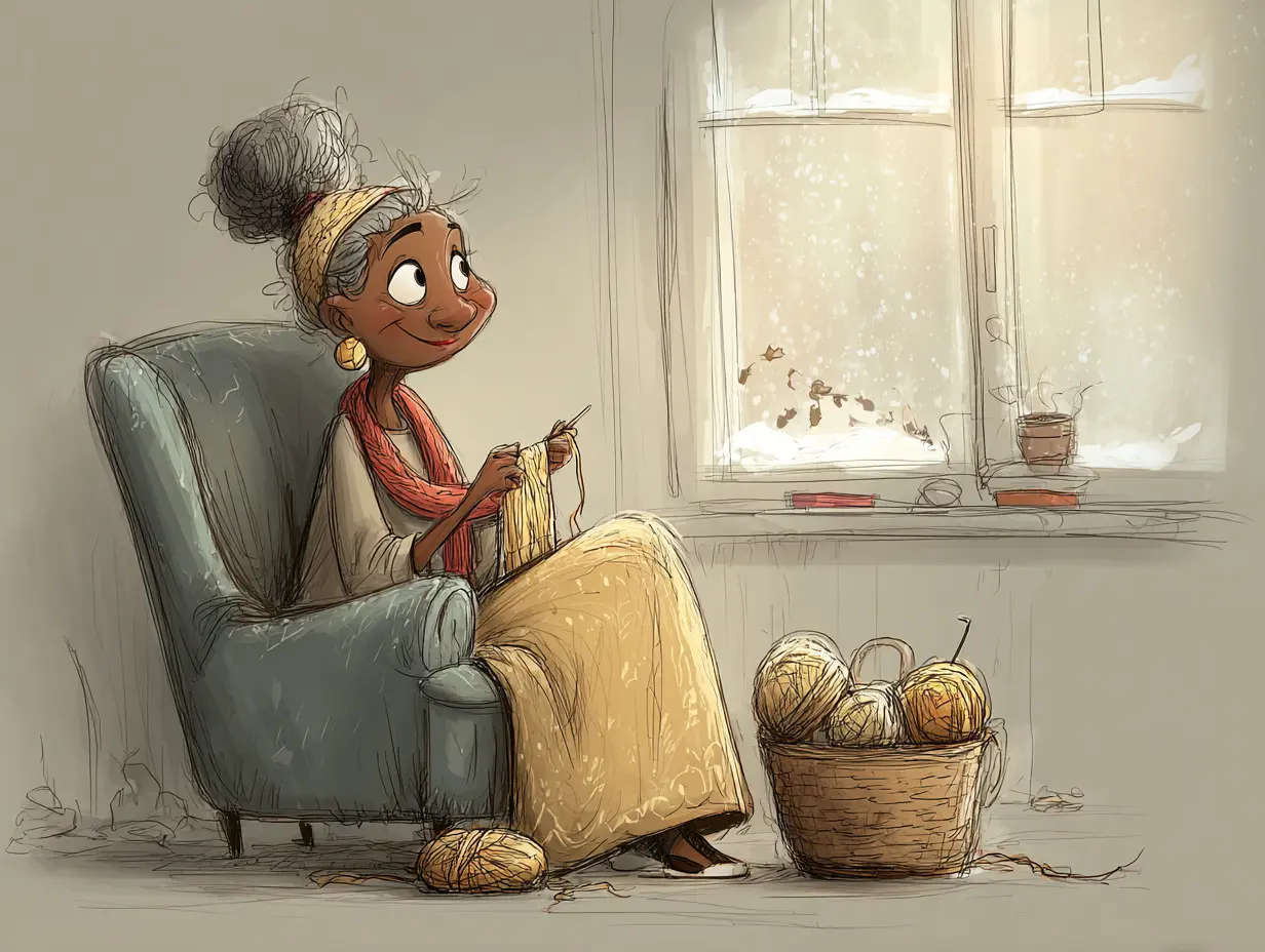 A cartoon graphic of a woman of color sitting in a cozy chair by the window with snow outside. She is crocheting a scarf.