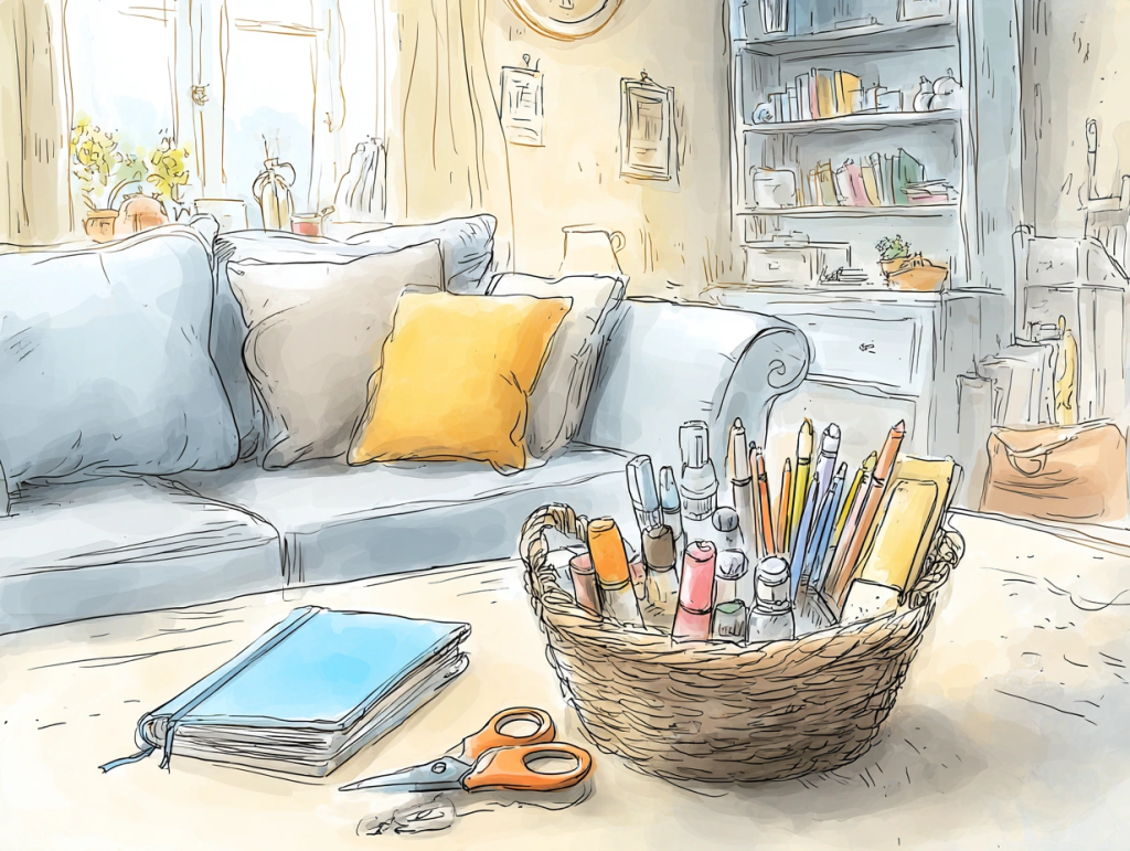 Cozy living room scene with a woven basket full of colorful markers, pencils, and journaling tools on a coffee table beside a blue journal and scissors. The setup illustrates the concept of low-friction art journaling by keeping supplies easily accessible for spontaneous creative moments.