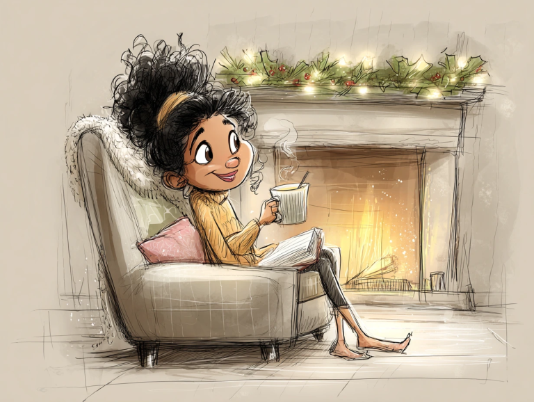 A 50-something Black woman sitting in a cozy chair with a book and mug of tea sitting in front of a fireplace with lighted greenery along the mantle.