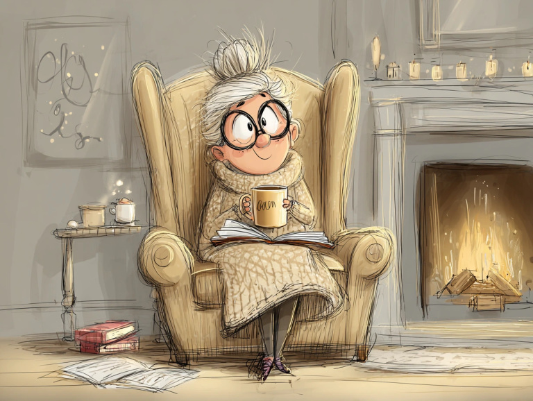 Cartoon graphic of 50-something woman with her gray hair in a messy bun sitting in a cozy chair by the fireplace with a mug of hot chocolate and a book