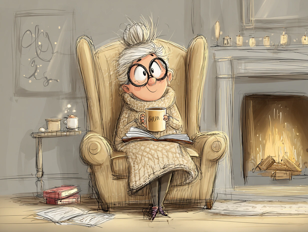 Cartoon graphic of 50-something woman with her gray hair in a messy bun sitting in a cozy chair by the fireplace with a mug of hot chocolate and a book