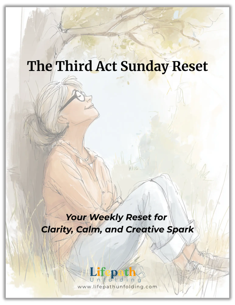 Cartoon graphic of a 50-something woman sitting under a tree with her back against the tree, her head tilted back and her eyes closed.
