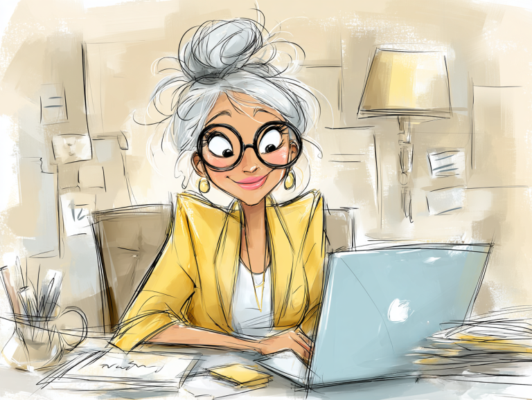 Cartoon image of a 50-year-old woman at her desk with a laptop updating important documents.