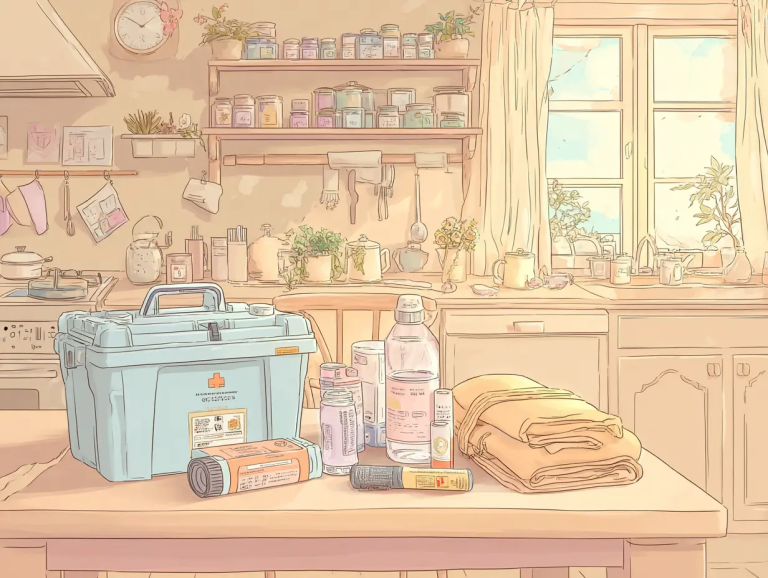 Cartoon graphic of a winter emergency kit being assembled on the kitchen table.