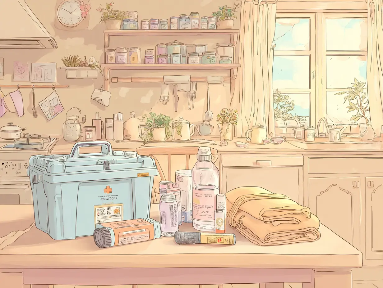 Cartoon graphic of a winter emergency kit being assembled on the kitchen table.