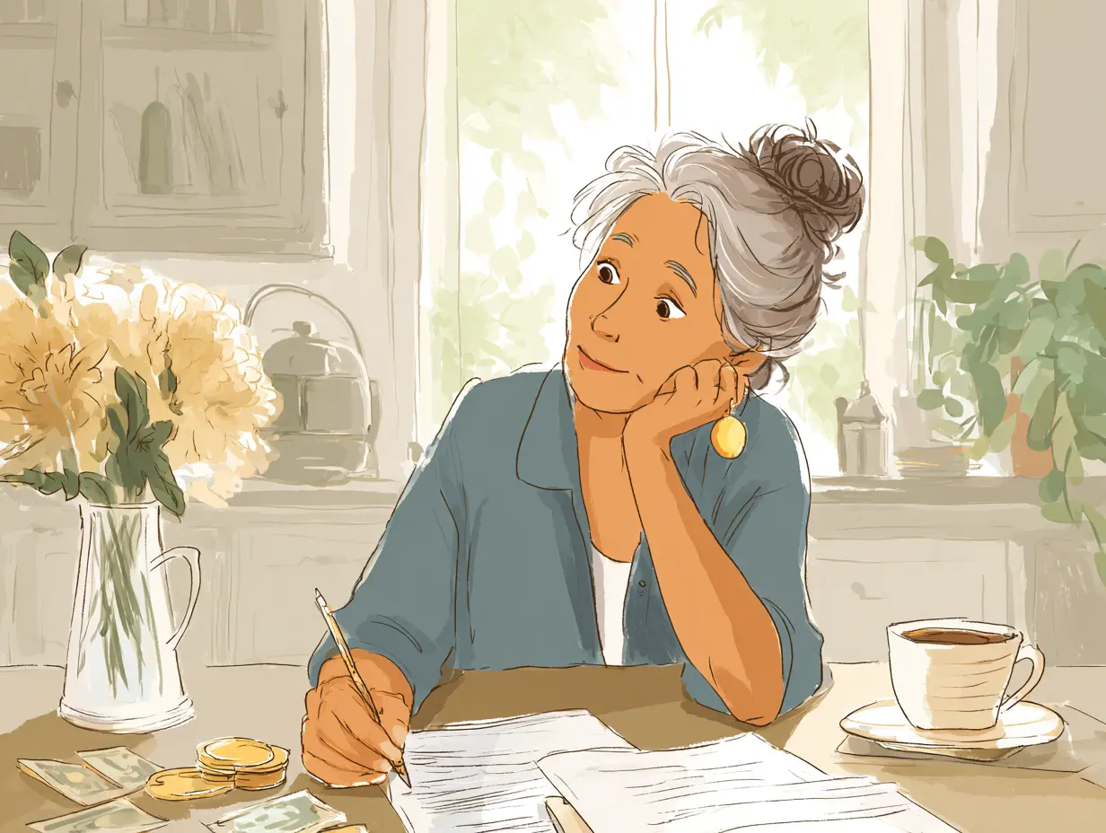 Cartoon graphic of a woman sitting at her kitchen table working on her finances.