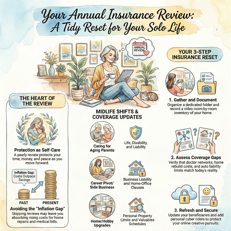 Illustrated infographic titled "Your Annual Insurance Review: A Tidy Reset for Your Solo Life," featuring a woman with a tablet and coffee, surrounded by plants and a cat. The infographic outlines the benefits of an annual insurance review, highlighting midlife coverage updates, avoiding the inflation gap, and a three-step reset: gather and document, assess coverage gaps, and refresh and secure. Icons and visuals support themes like self-care, aging parents, home-office clauses, and cybersecurity.