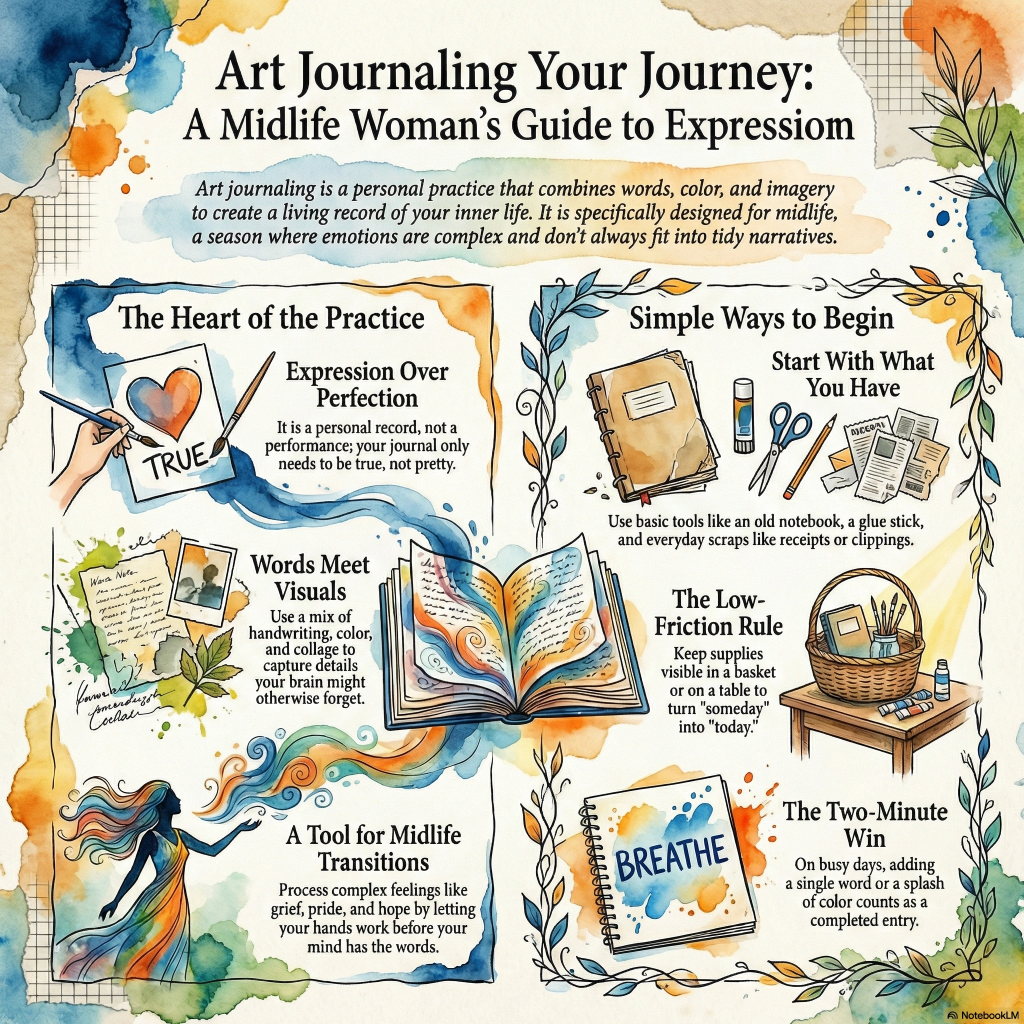 Illustrated infographic titled "Art Journaling Your Journey: A Midlife Woman’s Guide to Expression" featuring watercolor visuals and six tips for getting started with art journaling. Sections include “Expression Over Perfection,” “Words Meet Visuals,” “A Tool for Midlife Transitions,” “Start With What You Have,” “The Low-Friction Rule,” and “The Two-Minute Win,” all emphasizing creative self-expression through simple, accessible steps.