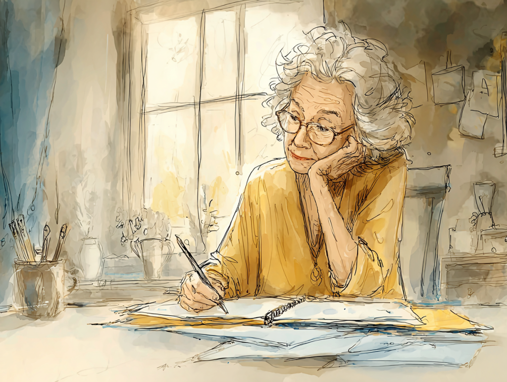 Watercolor-style illustration of an older woman in glasses thoughtfully writing in a notebook at a sunlit desk, surrounded by papers and folders. The reflective moment suggests she's working through an annual insurance review to assess potential coverage gaps and ensure her needs are fully met.