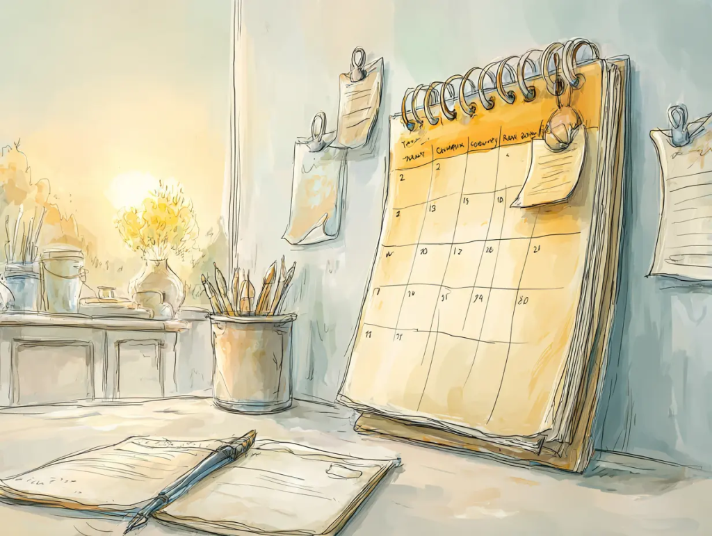 Watercolor-style illustration of a desk with an open notebook, pen, and a spiral calendar marked with tasks, set beside a sunlit window and a cup of pencils. The gentle, organized space suggests how end-of-life planning can be approached through bite-sized action steps that feel manageable and calm.