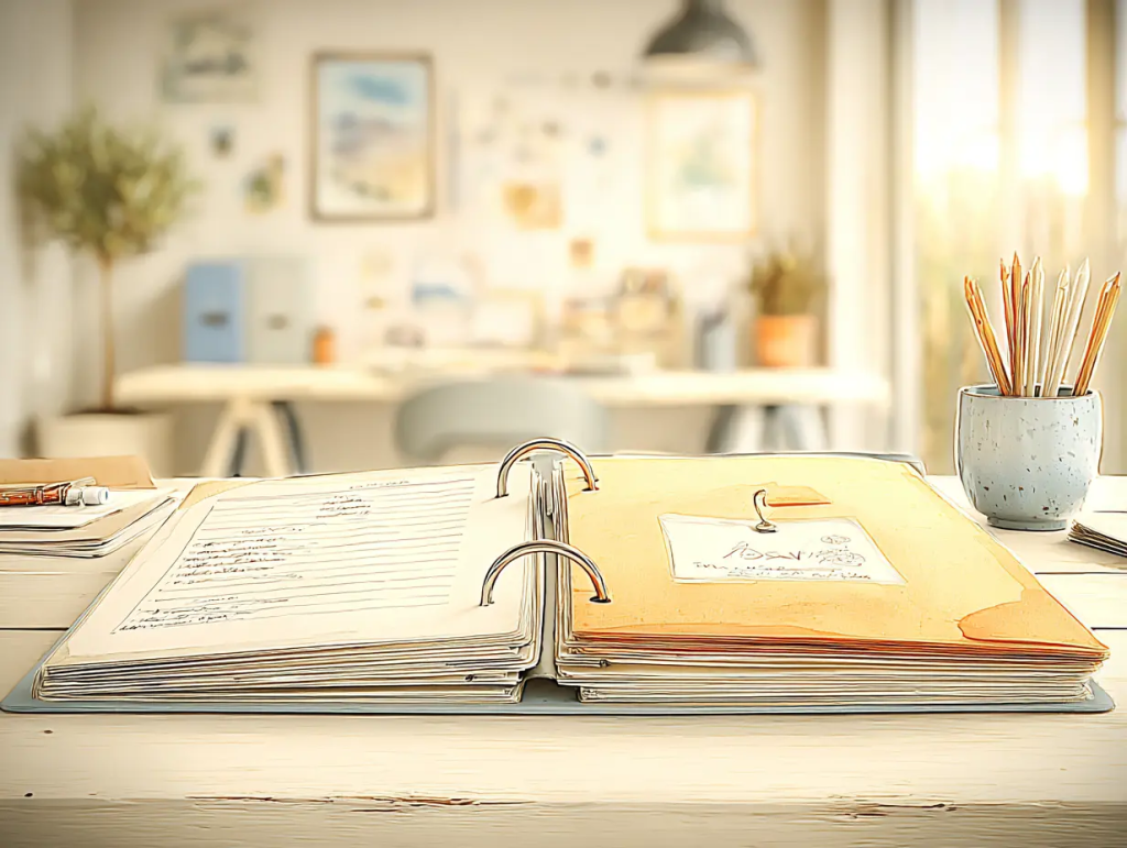 Watercolor-style illustration of an open binder on a desk, neatly filled with organized papers and a labeled folder titled “Passwords,” surrounded by pencils, pens, and soft natural light. The scene represents the concept of building your Life File—a centralized, accessible place for important documents in end-of-life planning.