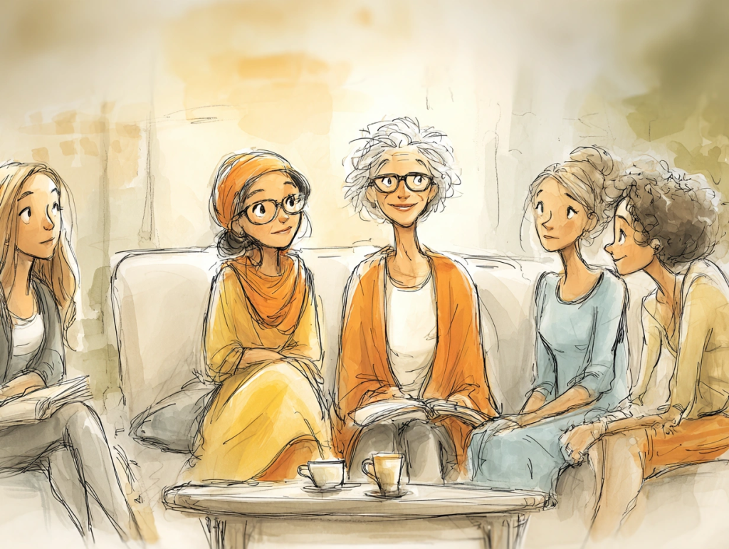 Watercolor-style illustration of a group of women sitting together on a cozy couch, sharing conversation and coffee in a warm, inviting space. Their relaxed, attentive expressions reflect the importance of connection and community when building a support system in the search for third act purpose after 50.