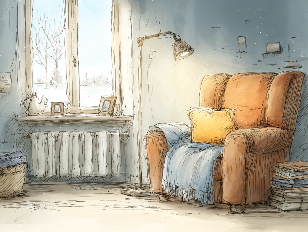 Cozy illustrated living room scene with a cushioned orange armchair, layered with a blue blanket and yellow pillow, beside a window showing a snowy landscape. A radiator below the window and warm lighting suggest a focus on indoor comfort and heating efficiency for winter home maintenance.