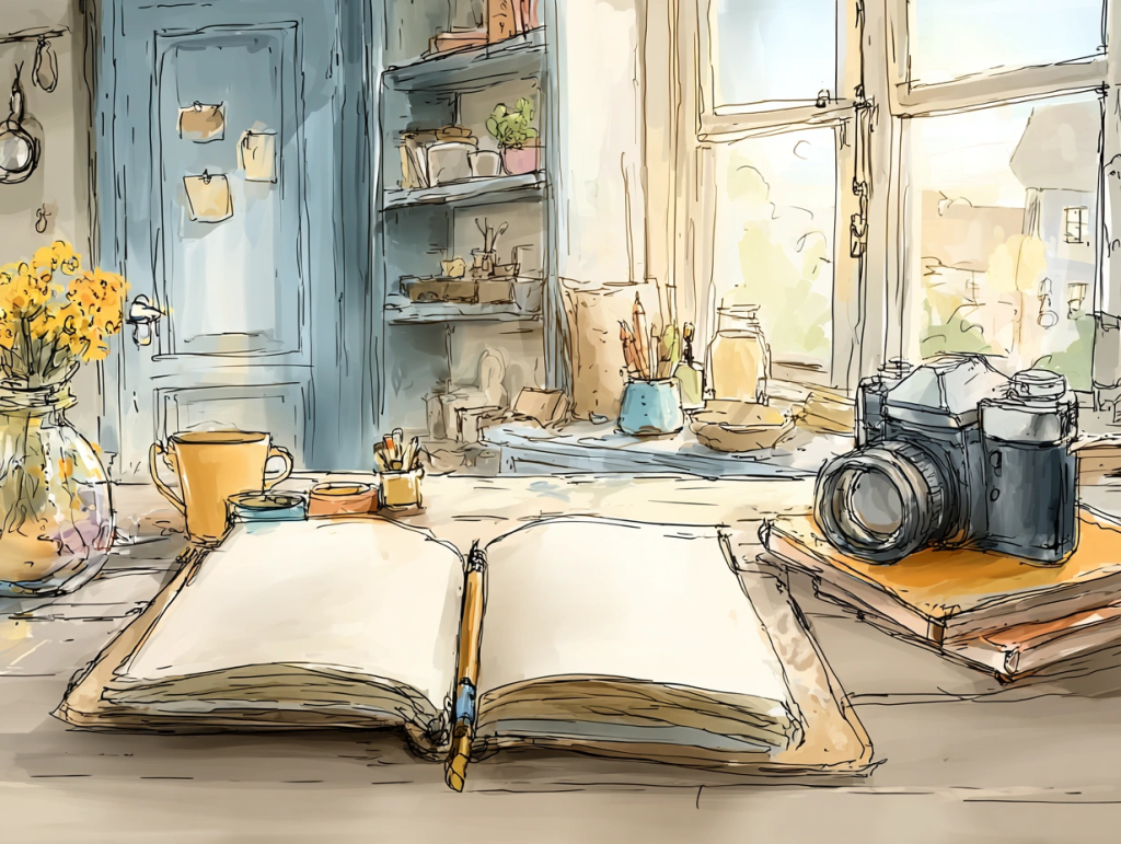 Watercolor-style illustration of an inviting creative workspace with an open journal, camera, pencils, coffee mug, and bright yellow flowers near a sunny window. The cozy, art-filled setting evokes a sense of possibility and reflection, symbolizing a creative awakening in the pursuit of third act purpose after 50.