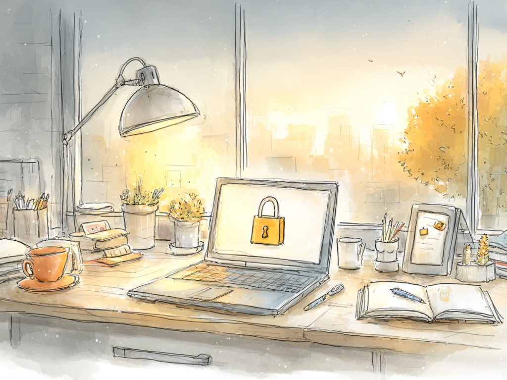 Watercolor-style illustration of a cozy, sunlit desk with a laptop displaying a padlock icon, symbolizing data protection. Surrounded by notebooks, coffee, and office supplies, the scene highlights the importance of cybersecurity as part of an annual insurance review, especially when managing sensitive personal or policy information.