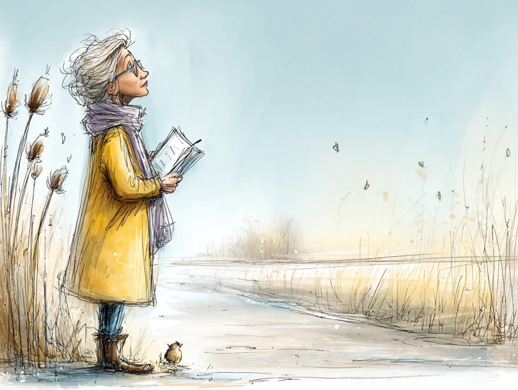 Illustration of an older woman in a yellow coat and scarf standing alone on a quiet winter path, holding a journal and looking upward with a thoughtful expression. Surrounded by bare reeds and soft light, the image conveys introspection, uncertainty, and courage in the face of new beginnings after 50.