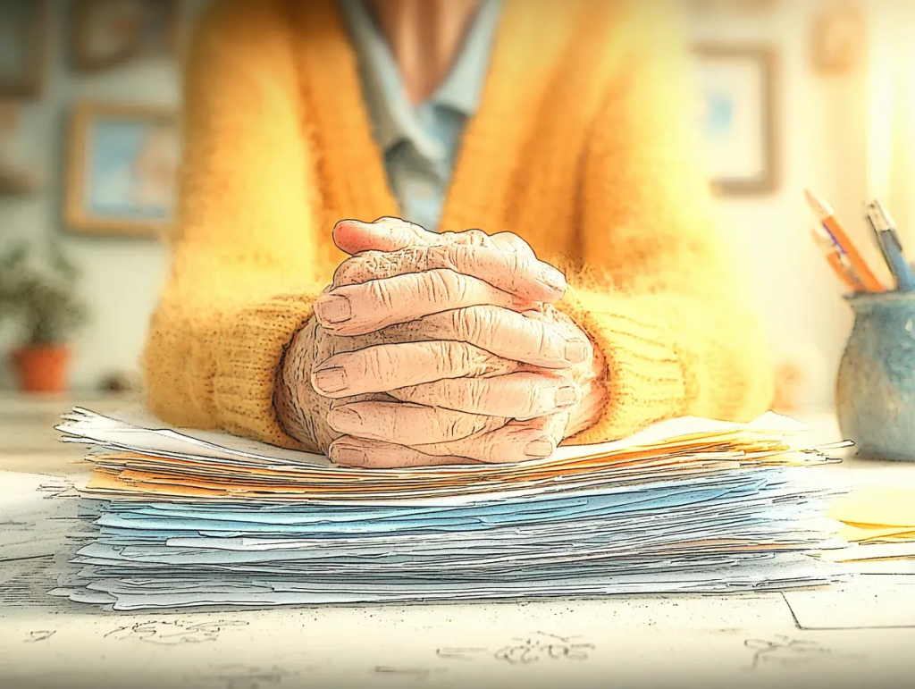 Watercolor-style illustration of an older adult sitting at a table with hands clasped over a large stack of organized papers in pastel folders. The focused, calm posture conveys a shift in mindset, encouraging a more empowered and thoughtful approach to end-of-life planning.