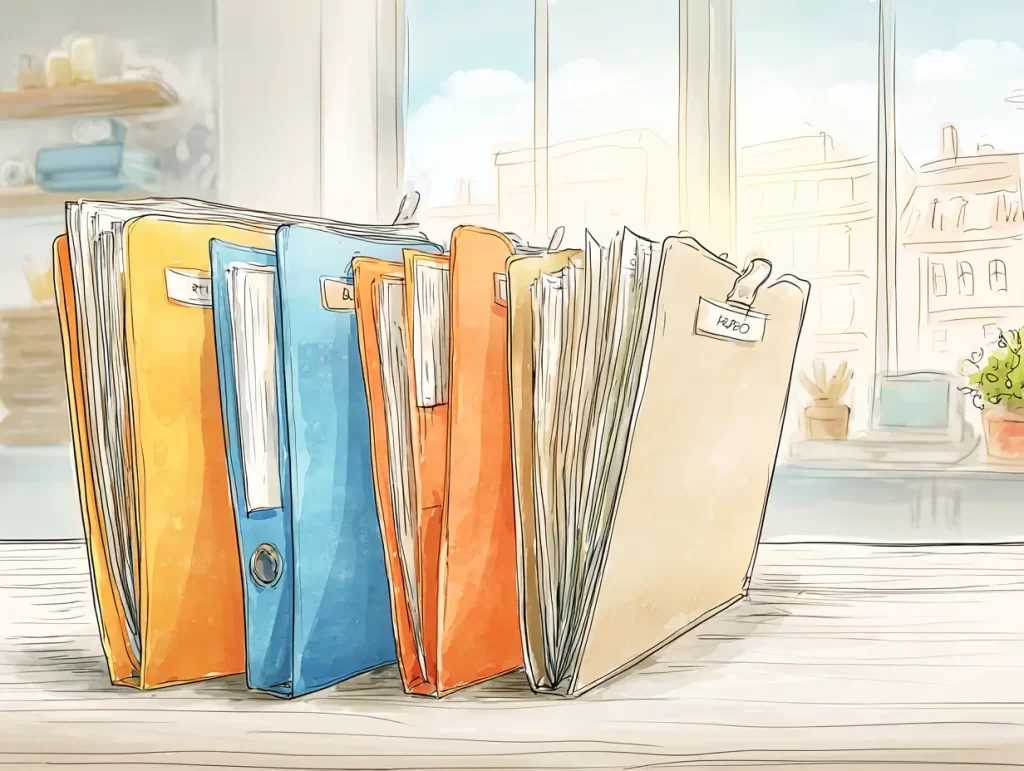Watercolor-style illustration of colorful file folders labeled with tabs like “Will,” “Bank,” “Docs,” and “Info,” neatly arranged on a table in front of a sunlit window. The organized scene represents the four essential documents in end-of-life planning, emphasizing the value of preparation and clarity.