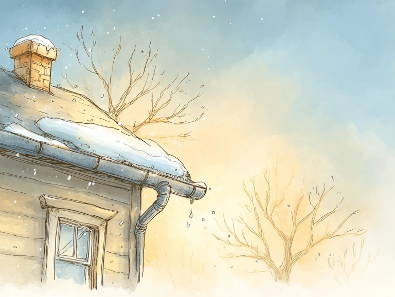 Hand-drawn image of a house roof covered in snow, with water dripping from the gutter and a chimney visible against a winter sky. The scene underscores the importance of inspecting gutters and roofs to prevent ice dams and water damage during winter home maintenance.