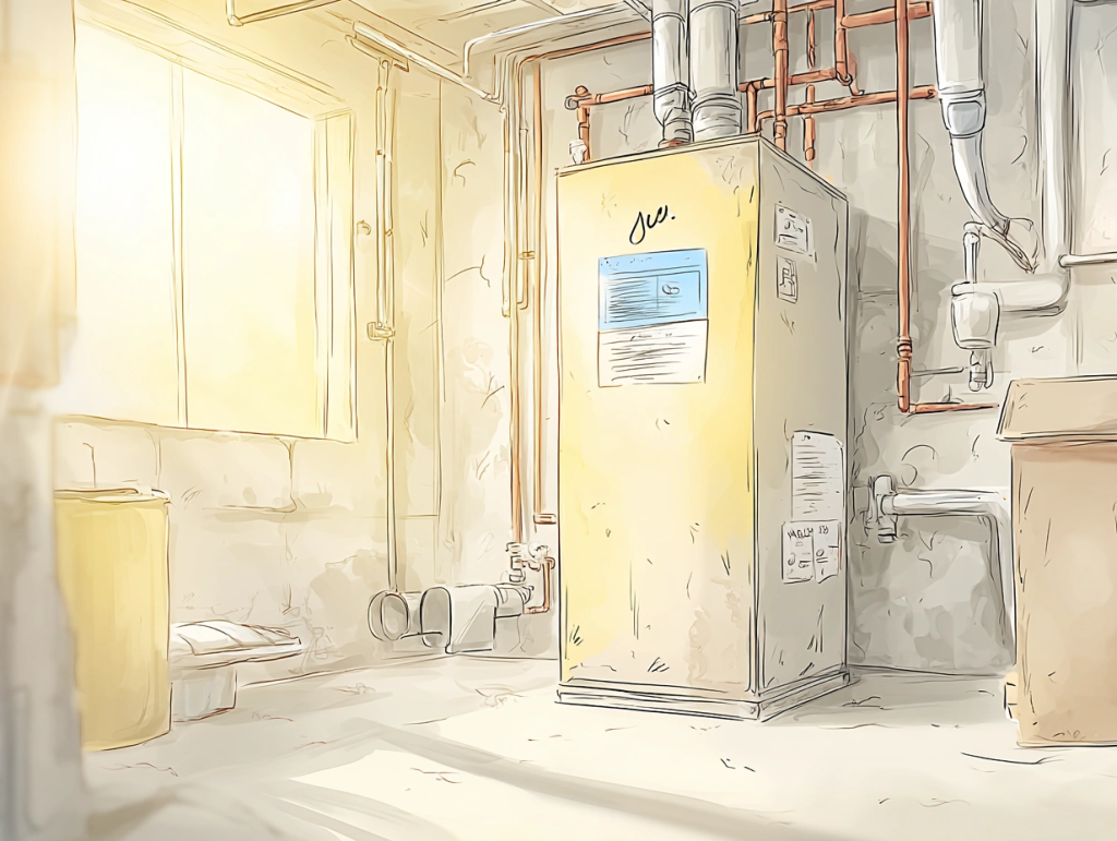 Illustration of a clean, sunlit basement featuring a large yellow furnace surrounded by copper pipes and ductwork. The image emphasizes the importance of inspecting and maintaining heating systems as part of winter home maintenance.