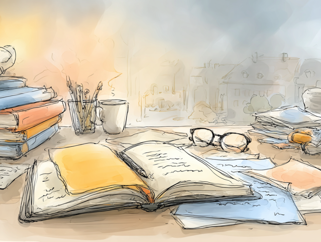 Watercolor-style illustration of a cluttered desk filled with open books, scattered papers, eyeglasses, and a coffee mug, lit by a hazy sunrise outside the window. The disorganized scene hints at overlooked details and missed opportunities, subtly representing the hidden costs of skipping an annual insurance review.