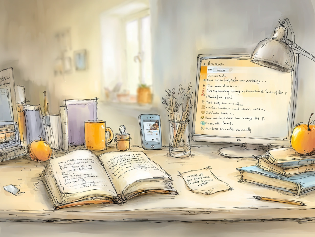 Watercolor-style illustration of a cozy desk setup with an open journal, books, coffee mug, computer screen displaying a to-do list, and a smartphone showing a video. Surrounded by gentle light and personal touches, the scene reflects the quiet process of self-discovery, offering a visual guide for how to uncover hidden passions in your third act after 50.