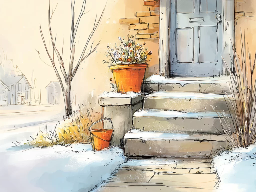 Artistic illustration of a snow-dusted front porch with concrete steps, a blue door, and potted winter plants. An orange bucket sits nearby, suggesting seasonal upkeep like salting walkways or clearing snow as part of winter home maintenance.