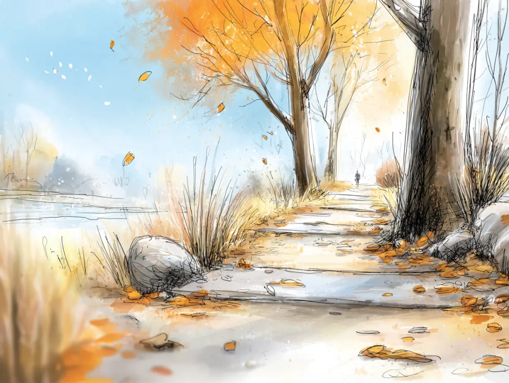 Serene autumn path lined with tall trees shedding golden leaves, with a lone figure walking in the distance under a clear sky. The quiet, contemplative scene suggests finding personal meaning in celebrating Samhain, even without a direct ancestral connection.