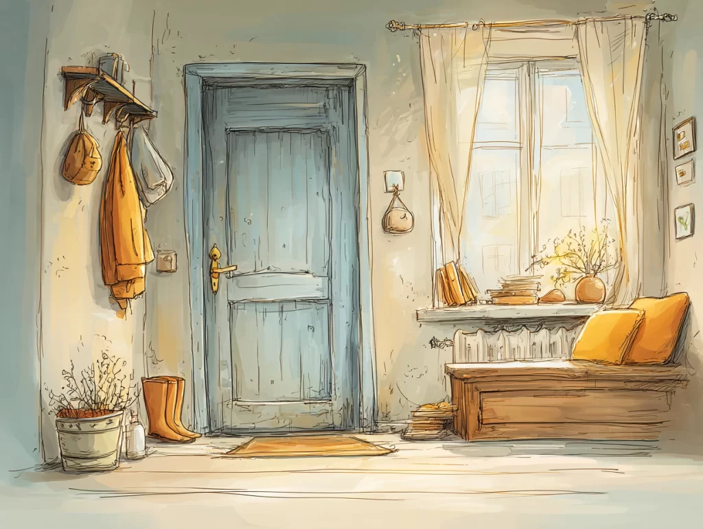 Cozy illustrated apartment entryway with a blue wooden door, winter coats and boots neatly placed by the wall, and sunlight streaming through a curtained window. The tidy, well-prepared space reflects key winter home maintenance practices like organizing cold-weather gear and ensuring door insulation.