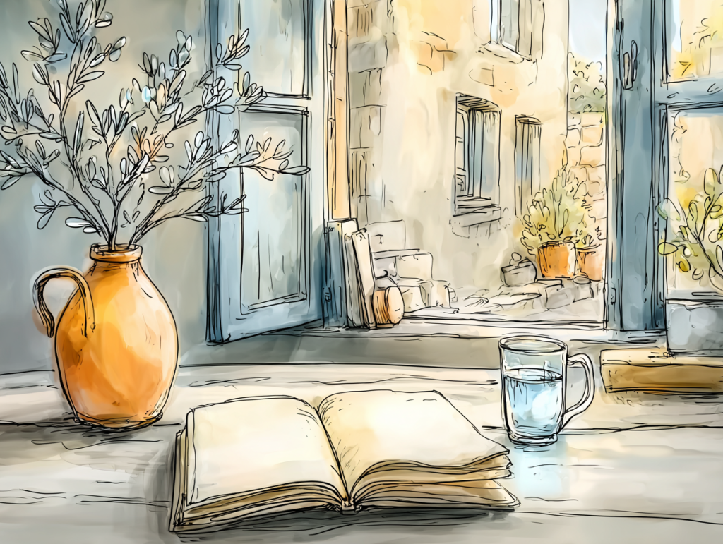 Watercolor-style illustration of an open book, a glass of water, and a terracotta vase with olive branches on a bright windowsill, symbolizing calm and clarity. The peaceful courtyard view evokes the sense of lasting security that comes from an annual insurance review.