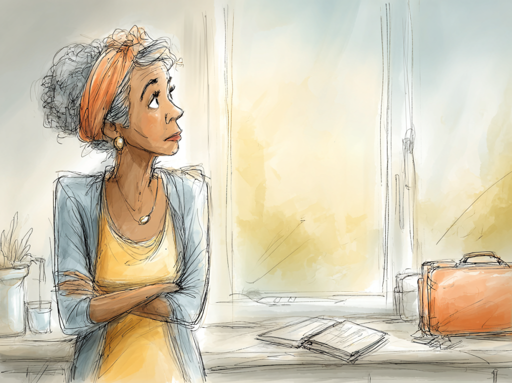 Watercolor-style illustration of a woman standing pensively by a window, arms crossed, with soft morning light filtering in. An open book and a bright orange briefcase on the table hint at recent decisions or transitions, reflecting on life changes and the importance of an annual insurance review.