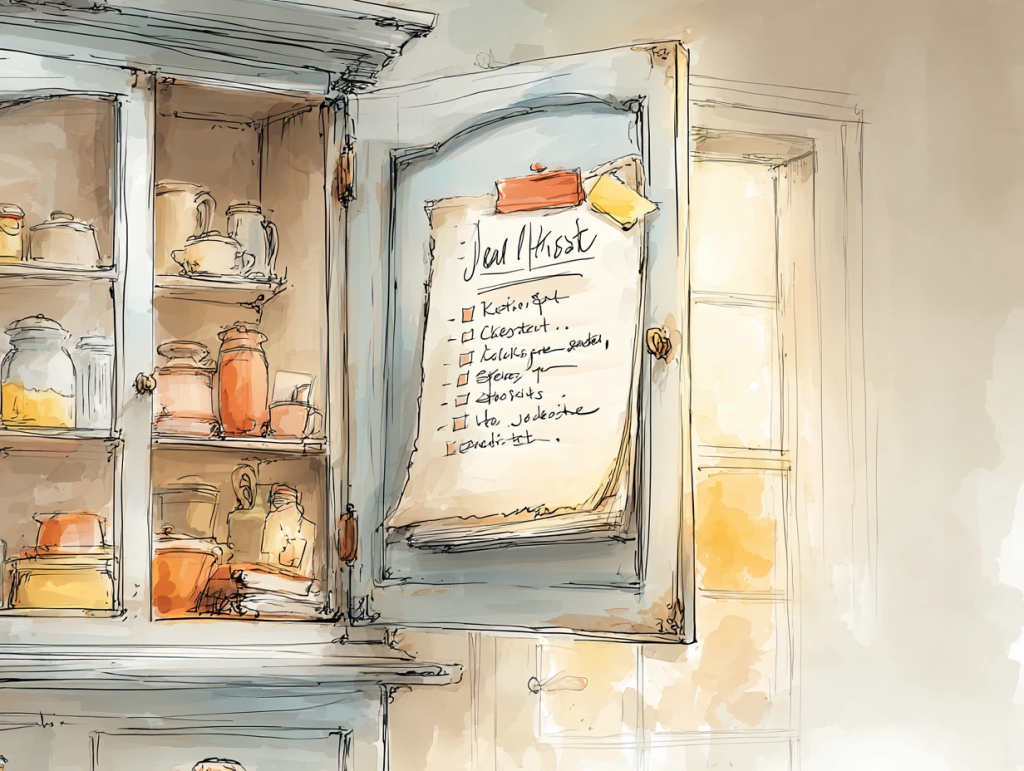Illustrated kitchen cabinet door open to reveal a handwritten checklist taped inside, with shelves of preserved goods and kitchenware in the background. The visible to-do list and stocked pantry suggest organizing seasonal tasks and supplies as part of winter home maintenance.