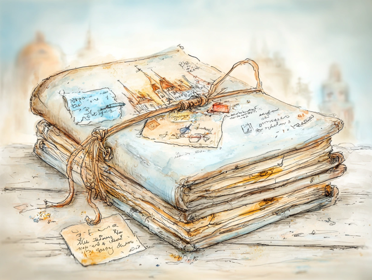 Stack of well-worn, hand-tied art journals adorned with sketches, notes, stamps, and paper scraps, giving a personalized, travel-worn appearance. The image captures how art journaling can reflect your unique story, style, and memories over time.