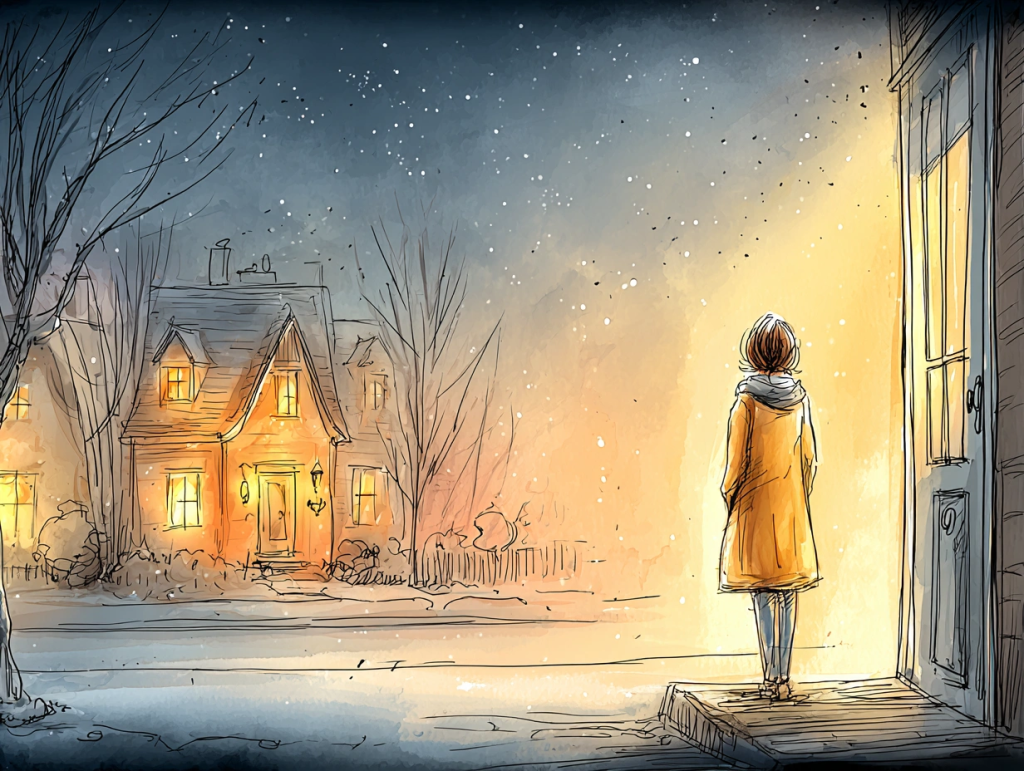 Woman in a long orange coat stands at a warmly lit doorway, gazing at a softly glowing house across a snowy street under a starry sky. The quiet winter night evokes nature-based ways to honor the winter solstice through reflection, stillness, and connection to the season.